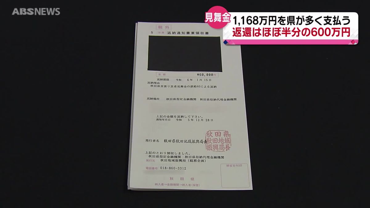 被害世帯への見舞金の誤支給　返還は約半分