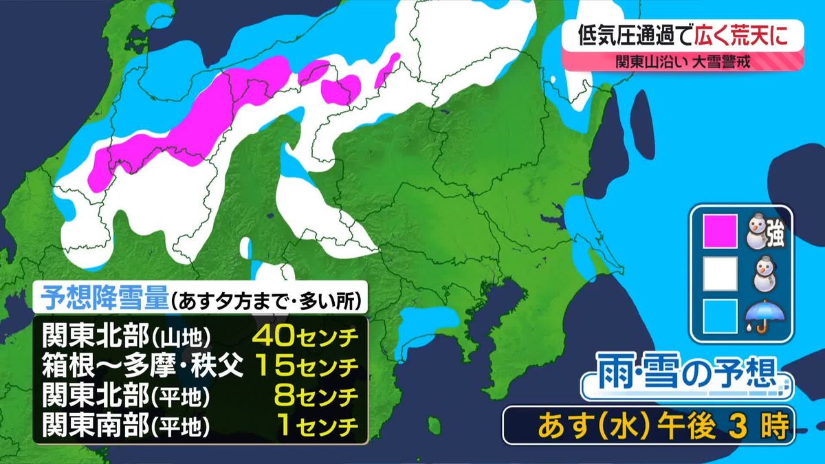 【あすの天気】低気圧通過で広く荒天　夕方までの予想降雪量は関東甲信・中国・九州北部で40センチ