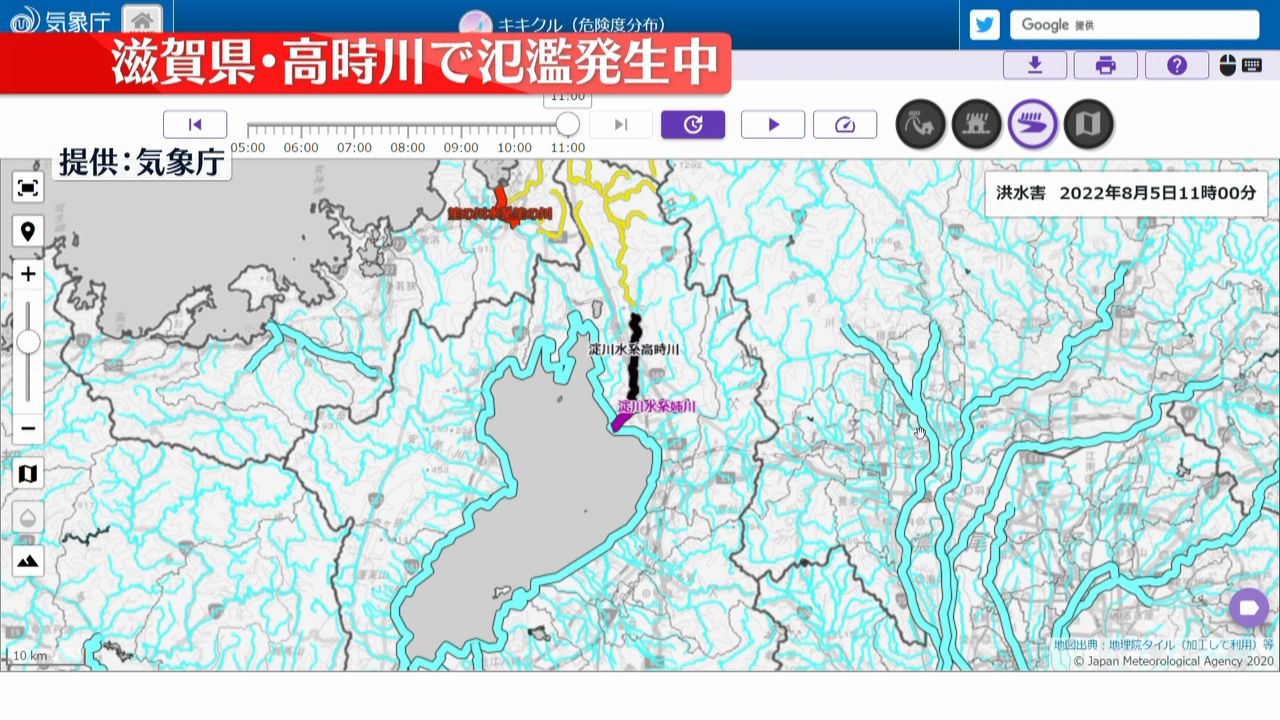 滋賀県を流れる高時川に河川氾濫発生情報（11：25）