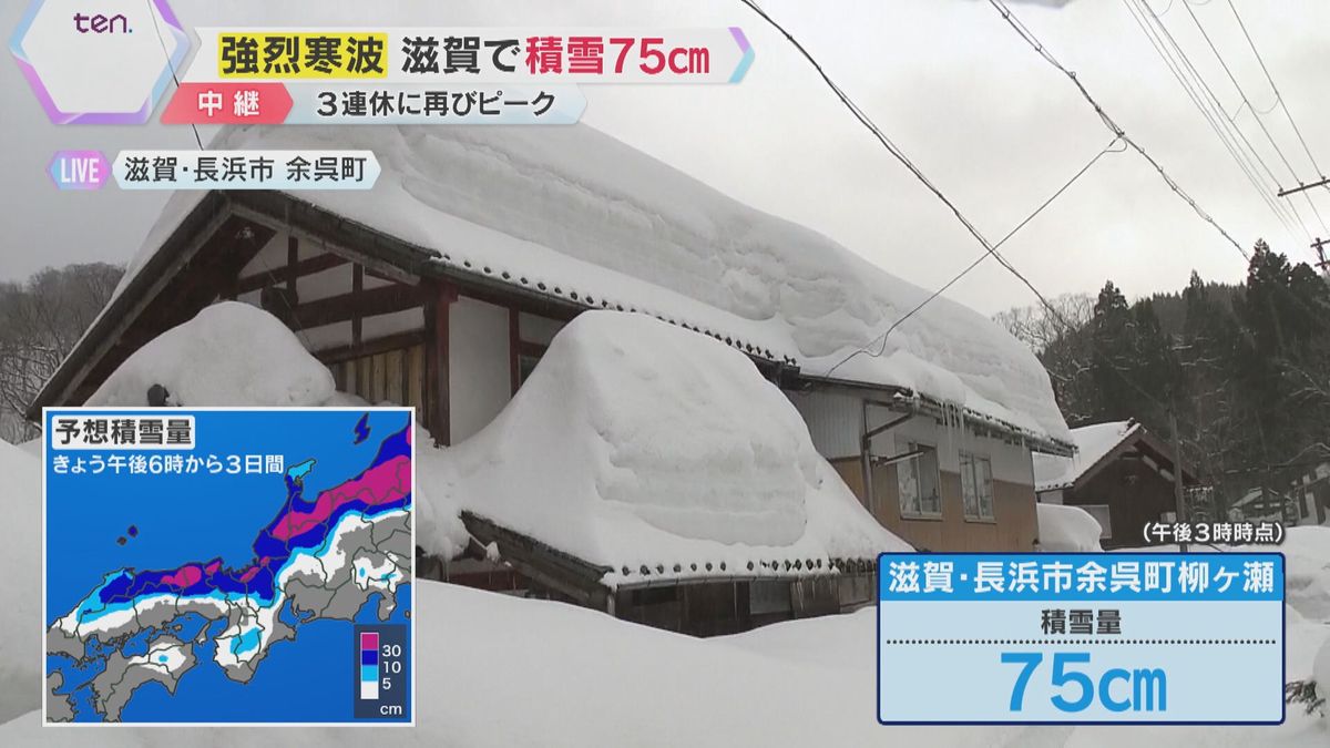 【強烈寒波】「雪かきが間に合わない」家の玄関も雪に埋まる　滋賀・余呉町柳ケ瀬で75センチの積雪　