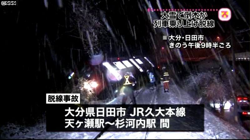 大雪で倒木か、列車乗り上げ脱線　日田市