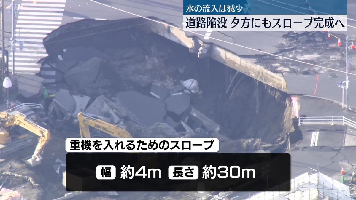 八潮市道路陥没、きょう夕方にもスロープ完成へ　水の流入は減少