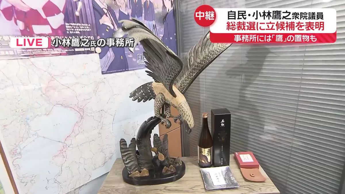 小林鷹之議員、自民党総裁選に立候補を表明　事務所には「鷹」の置物も