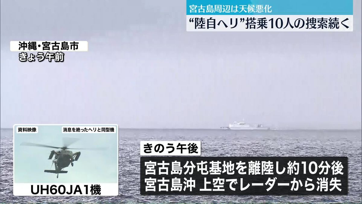 “陸自ヘリ”搭乗10人の捜索続く　宮古島周辺は天候悪化