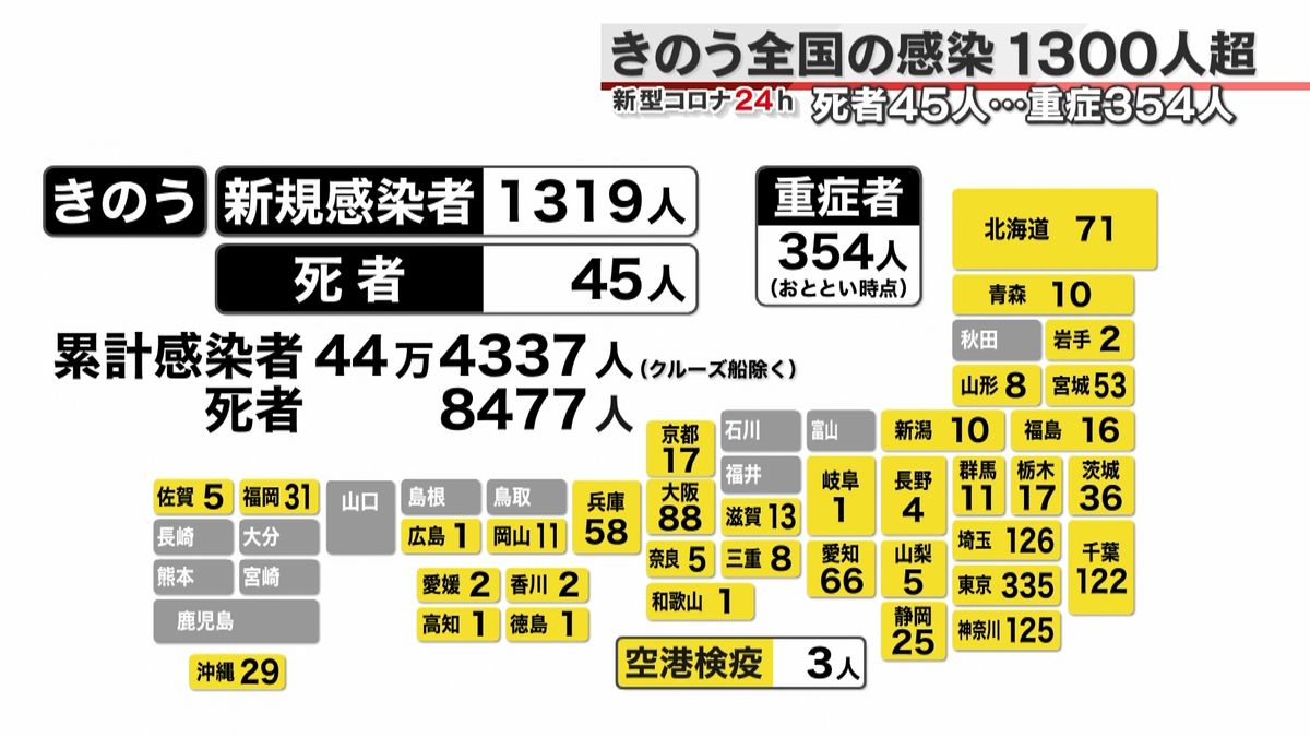 全国で１３１９人感染確認　死者は４５人