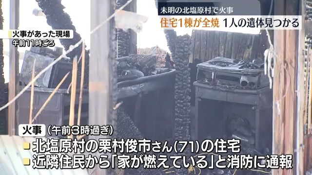 未明の北塩原村で火事…焼け跡から1人の遺体　火元責任者は71歳男性