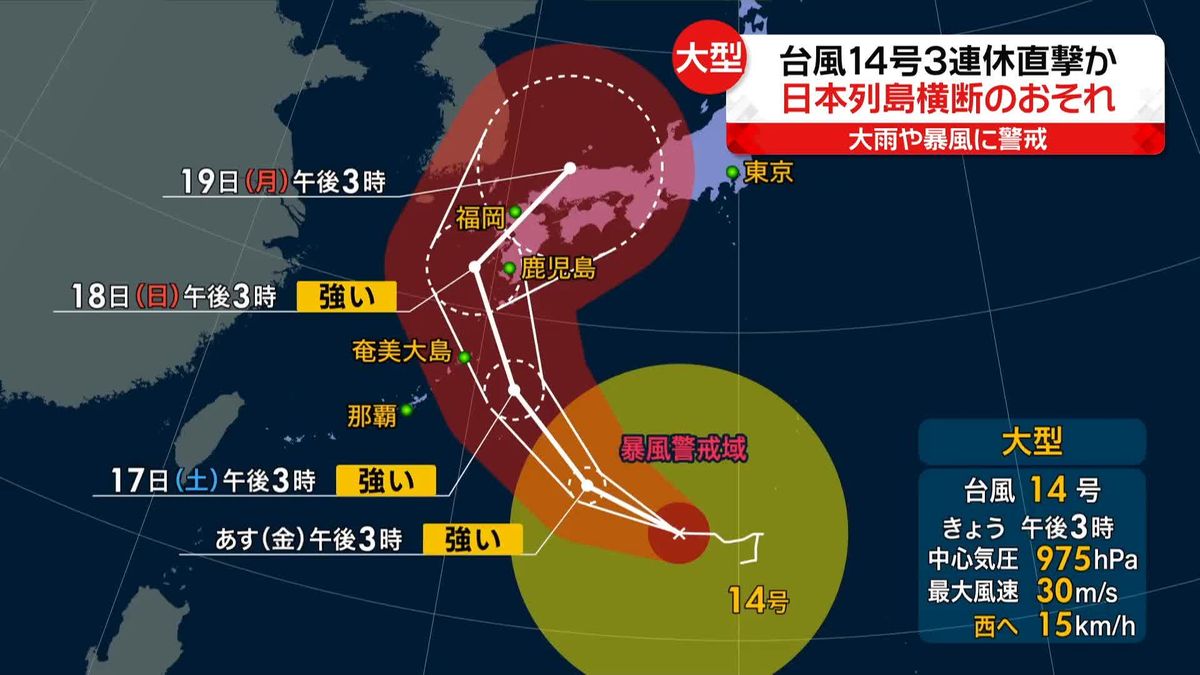 台風14号　発達しながら日本の南を北上見込み　3連休には列島縦断するおそれも…