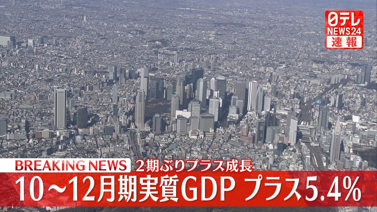 10～12月期実質GDP　年率プラス5.4％　2期ぶりプラス成長