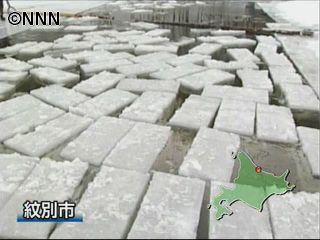 流氷まつりを前に天然氷の切り出し　北海道