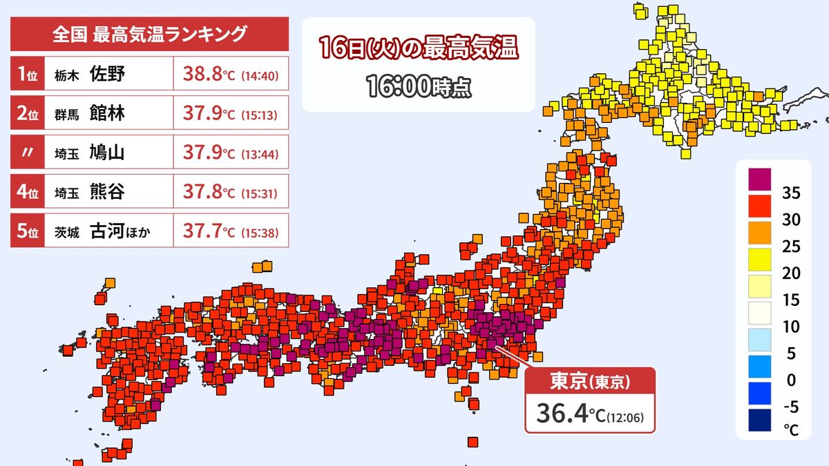 関東を中心に体温超える危険な暑さ 栃木県佐野では38.8℃を観測