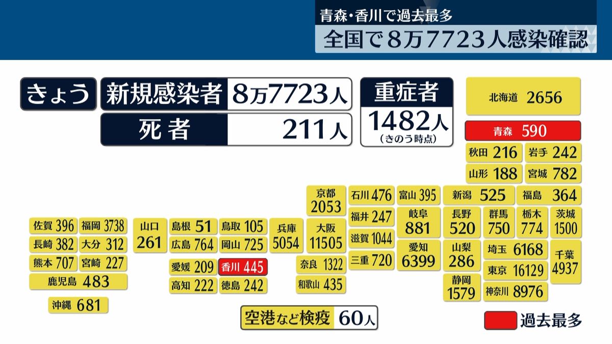 全国で8万7723人感染確認　重症者は1482人