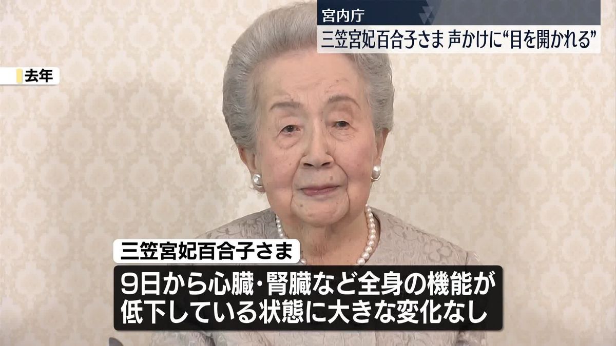 三笠宮妃百合子さま、お見舞いの声かけに目を開かれる　容体悪化で前日から大きな変化はなし