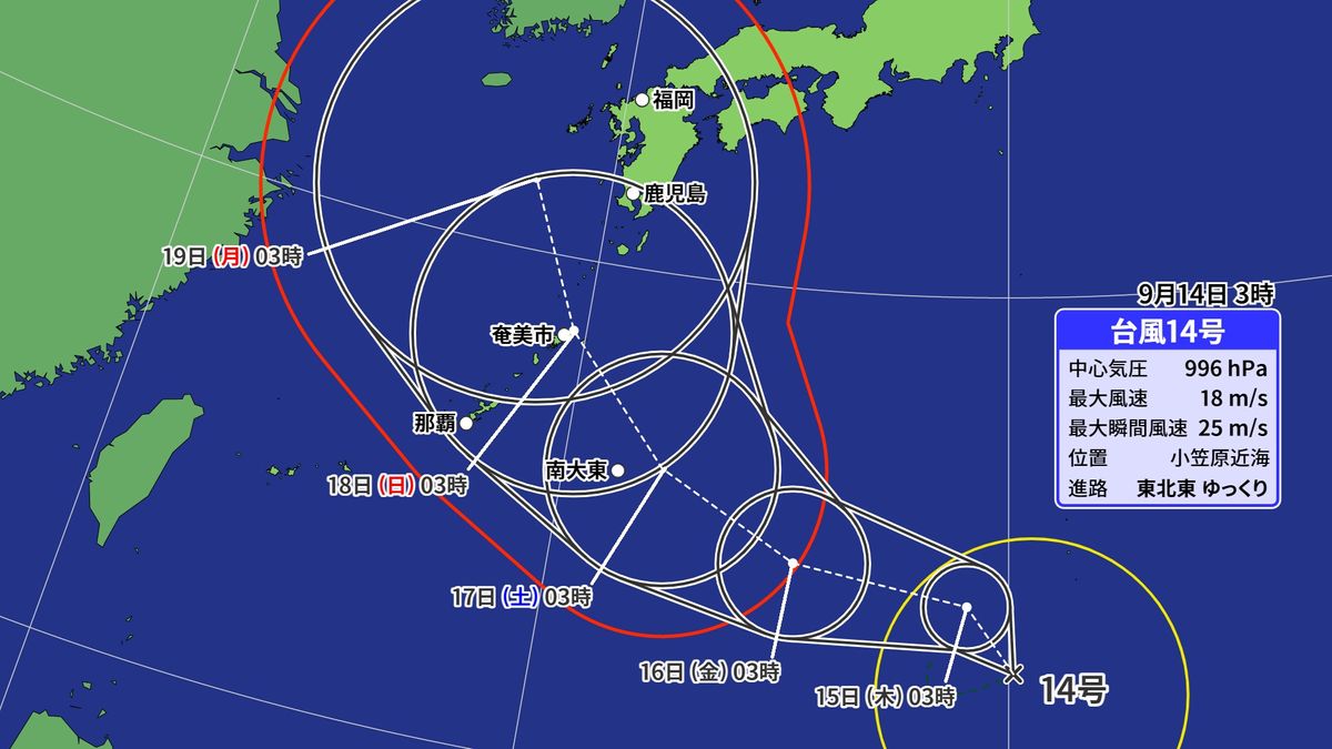 小笠原諸島近海で台風14号発生　3連休は西日本に影響か