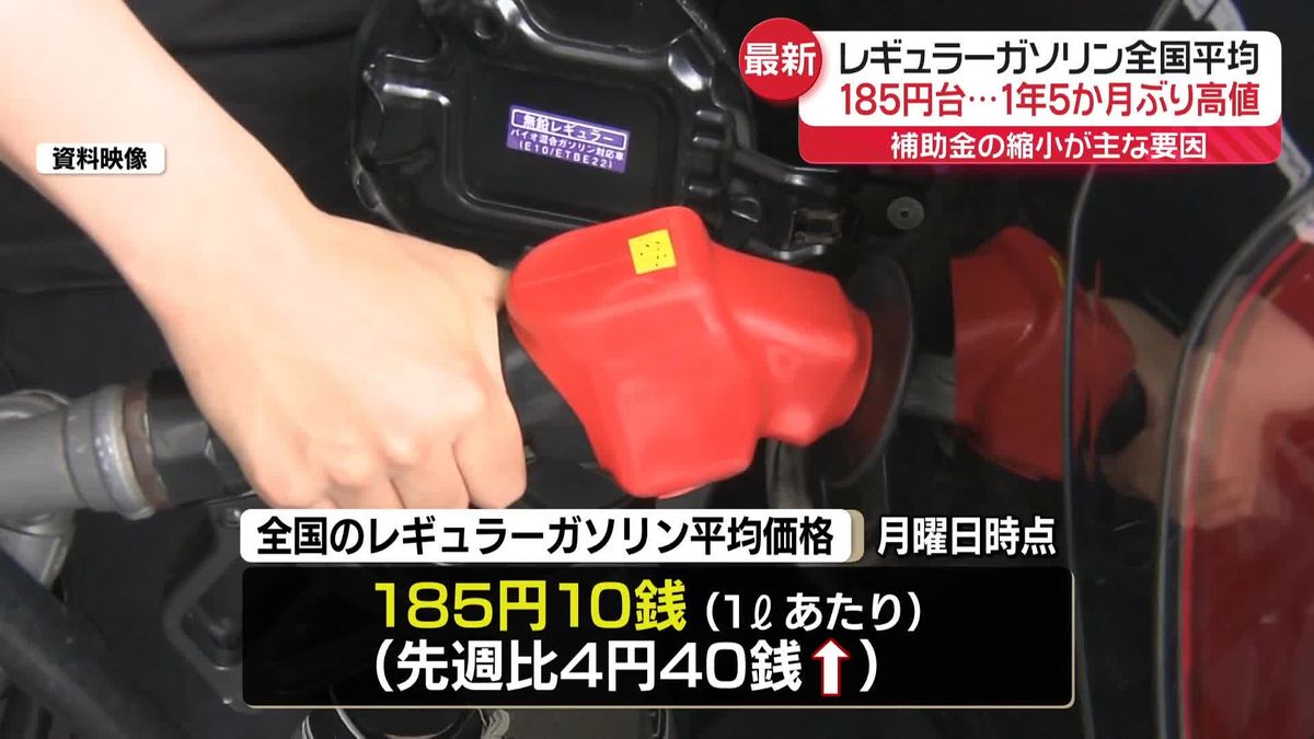 レギュラーガソリン全国平均185円台　1年5か月ぶり高値　補助金の縮小が主な要因