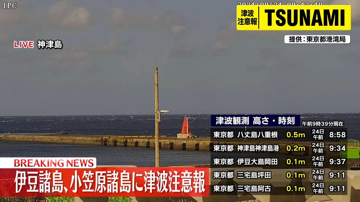 津波観測　神津島港で0.2m　伊豆大島岡田で0.1m