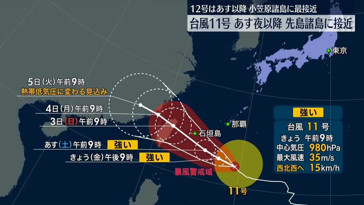 台風11号　あす夜以降、先島諸島に接近　台風12号はあす夜以降、小笠原諸島に最接近の見込み　警戒を