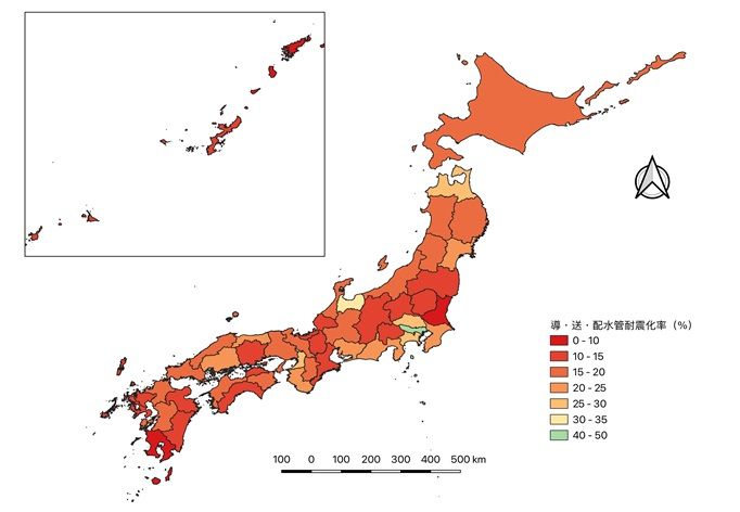 全国の水道管の耐震化率（図：名古屋大学・平山研究室、令和3年度「水道統計」より作成）