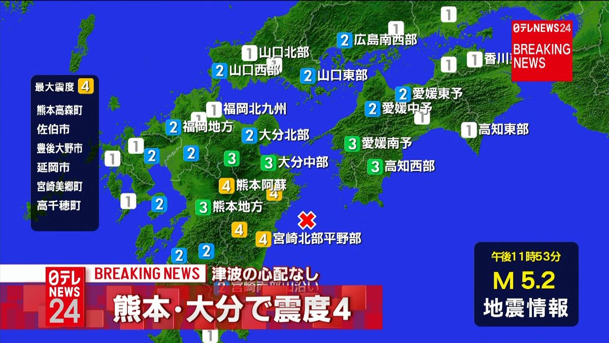 熊本高森町などで震度４　津波の心配なし