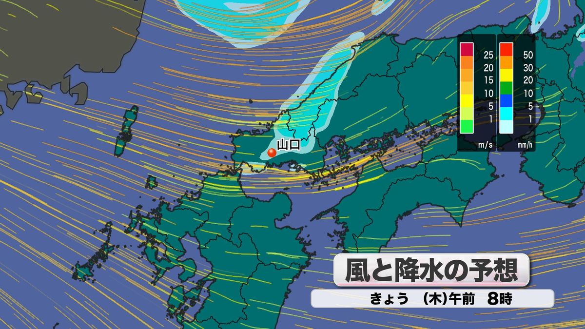 きょう16日(木)午前8時 風と降水の様子