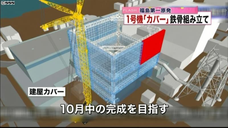 １号機原子炉建屋カバーの鉄骨組み立て完了