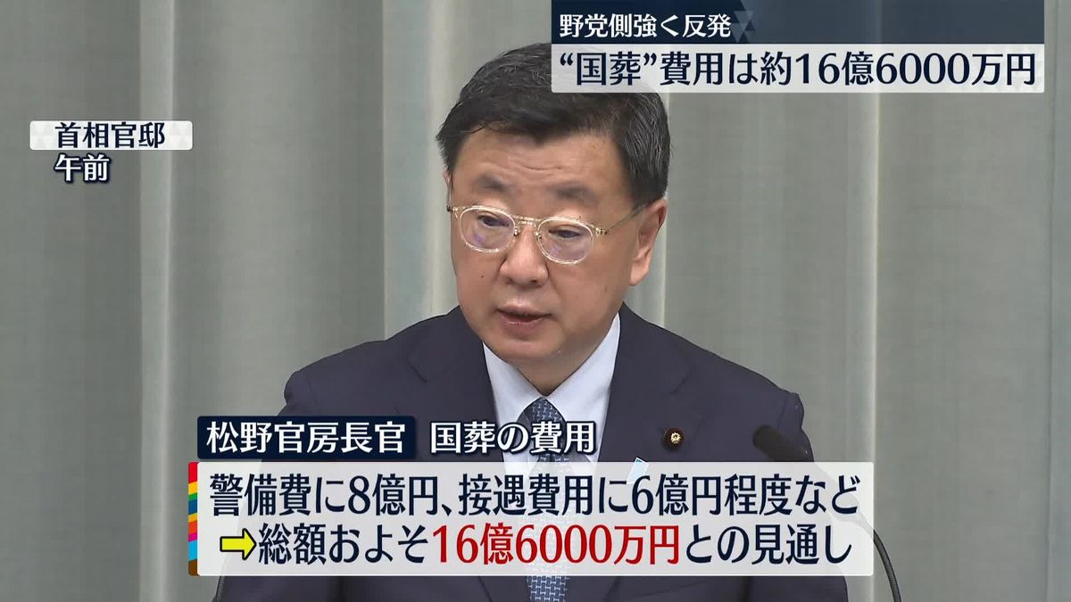 安倍元首相の国葬費用、約16億6000万円にのぼる見通し　松野官房長官
