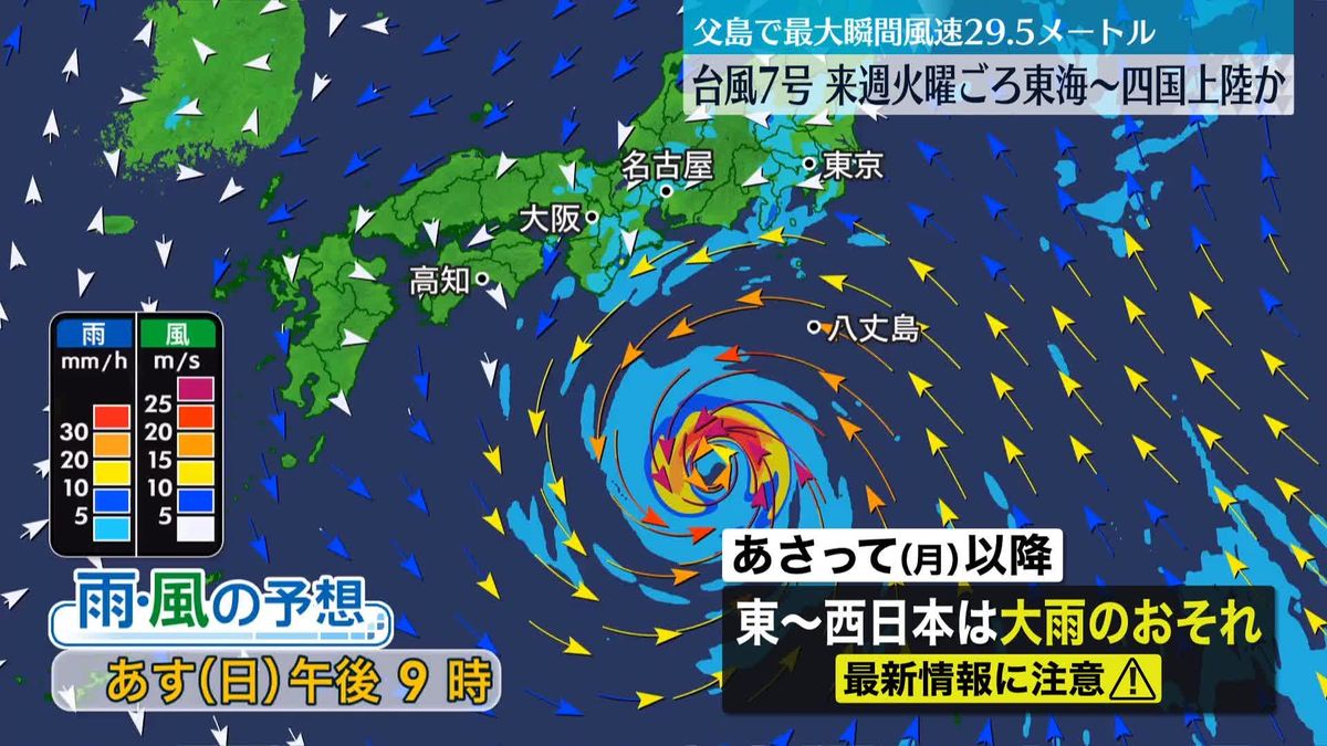 台風7号　来週火曜ごろに東海～近畿、四国に上陸のおそれ　父島で最大瞬間風速29.5メートルを観測