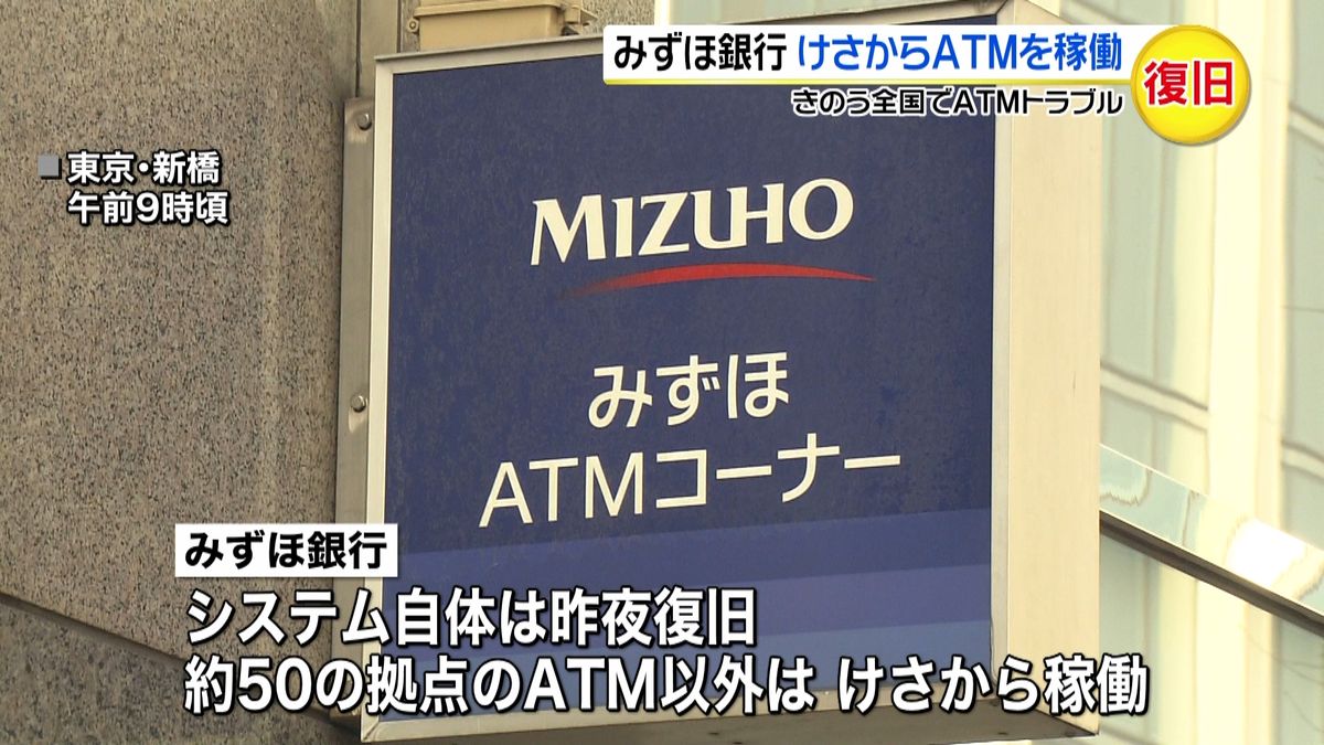 みずほ銀行、けさからＡＴＭを稼働