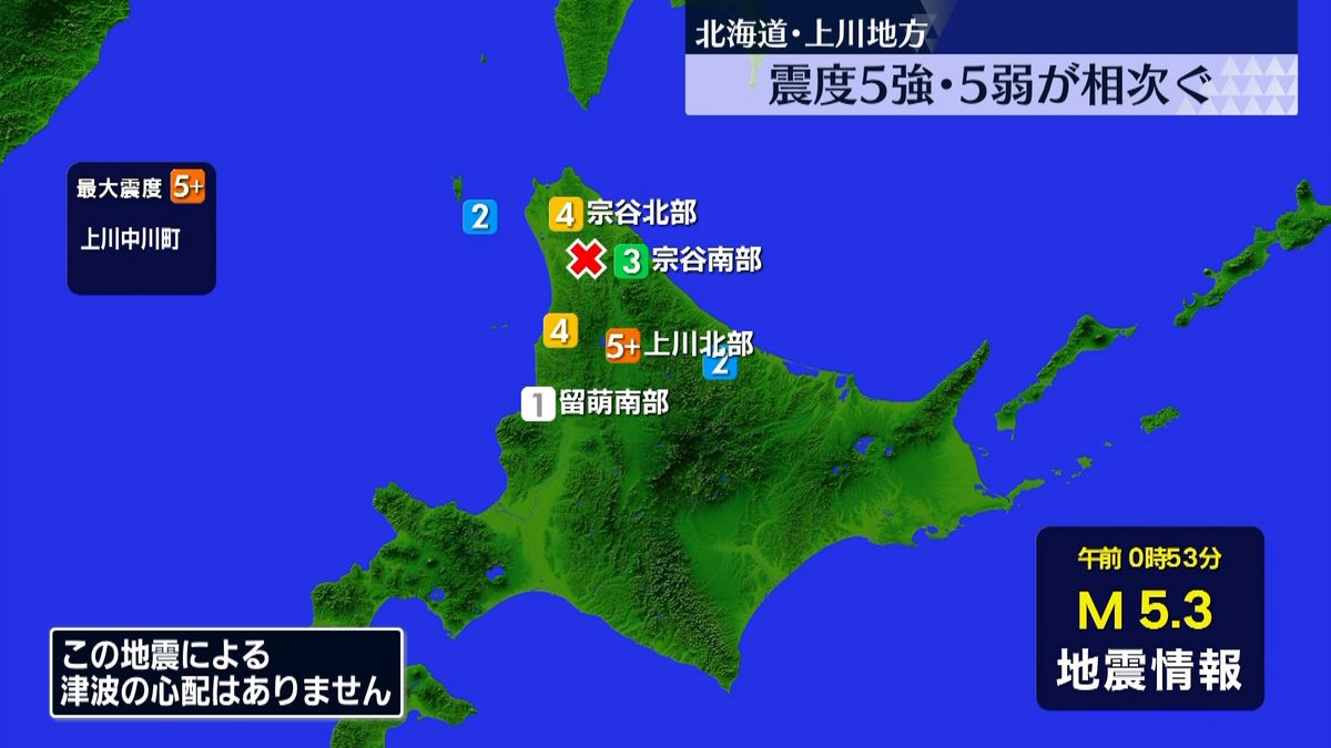 北海道上川地方、震度5強・5弱が相次ぐ　泊原発に異常なし