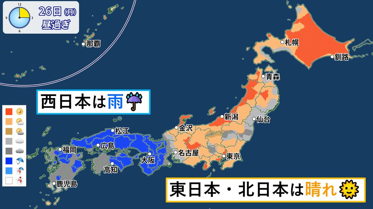 西日本は雨　東日本と北日本は晴れて暑い