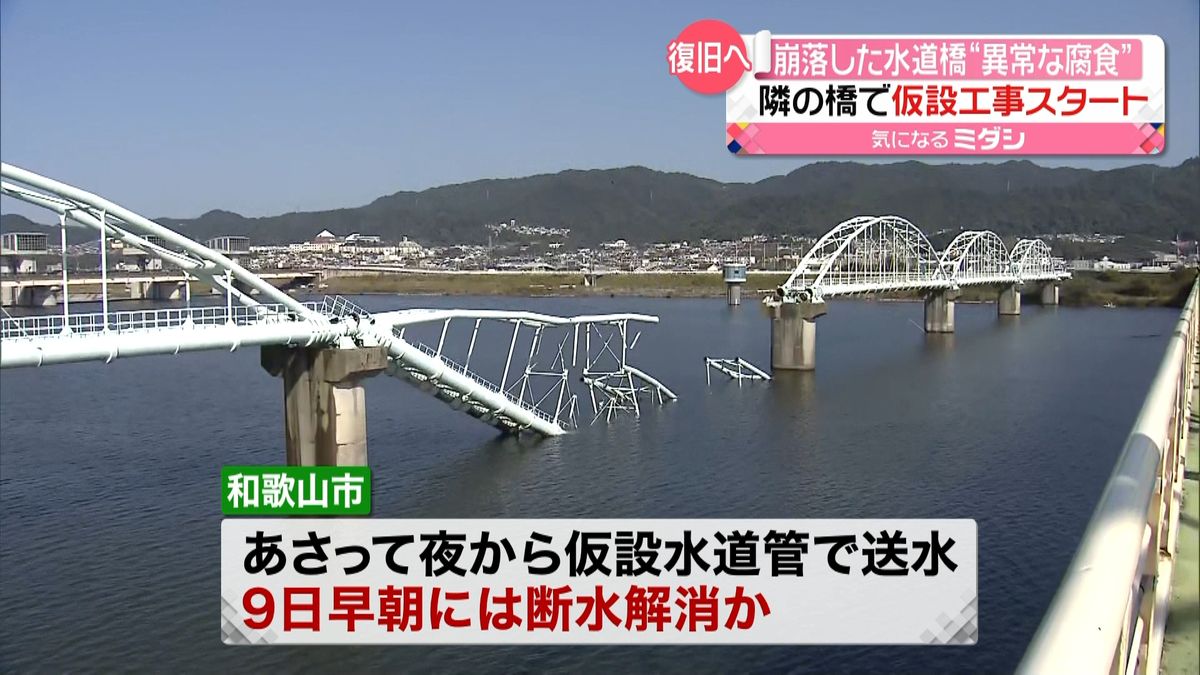 水道橋に“異常な腐食”仮設工事がスタート