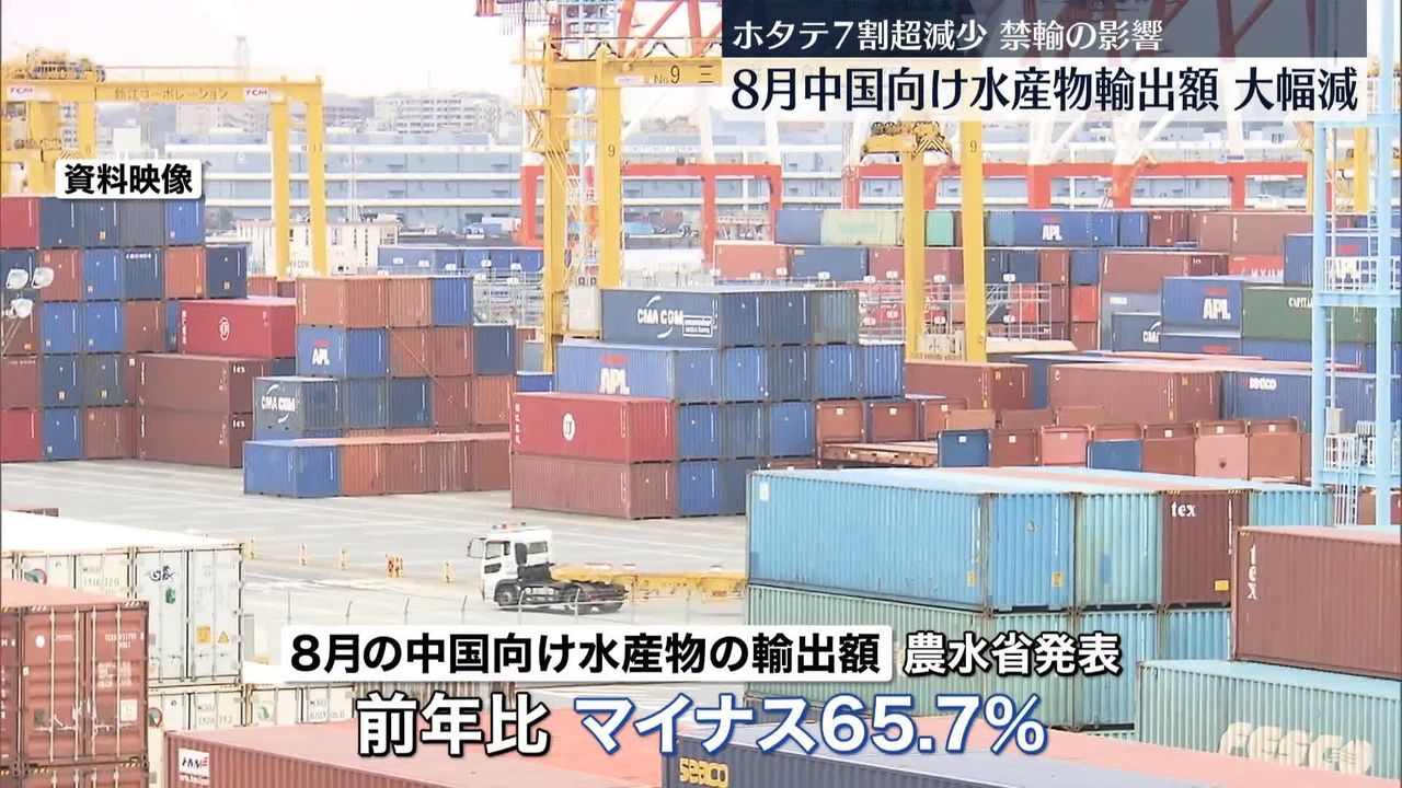 8月の中国向け「水産物輸出額」前年同月比－65.7％　ホタテは－71.3％　輸入禁止が影響