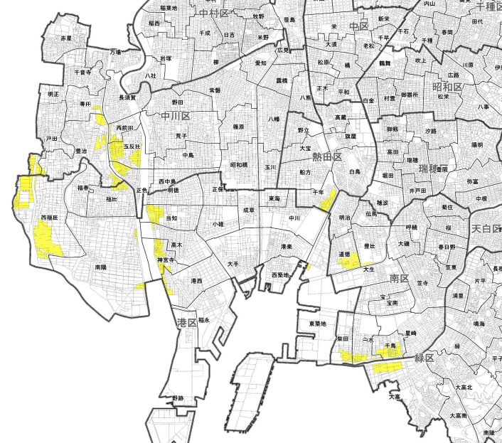 黄色い部分が指定された事前避難地域（名古屋市資料から）
