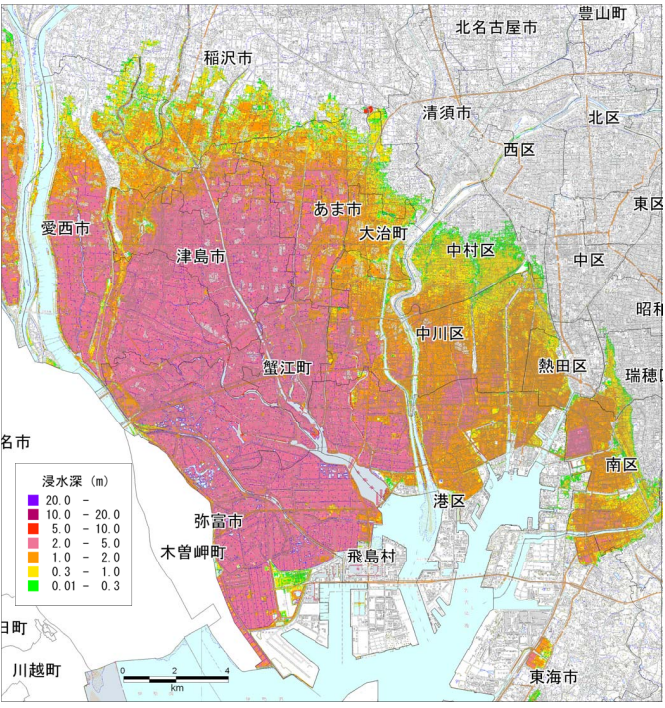 南海トラフの地震で堤防が機能しない時の浸水予測（内閣府資料から）