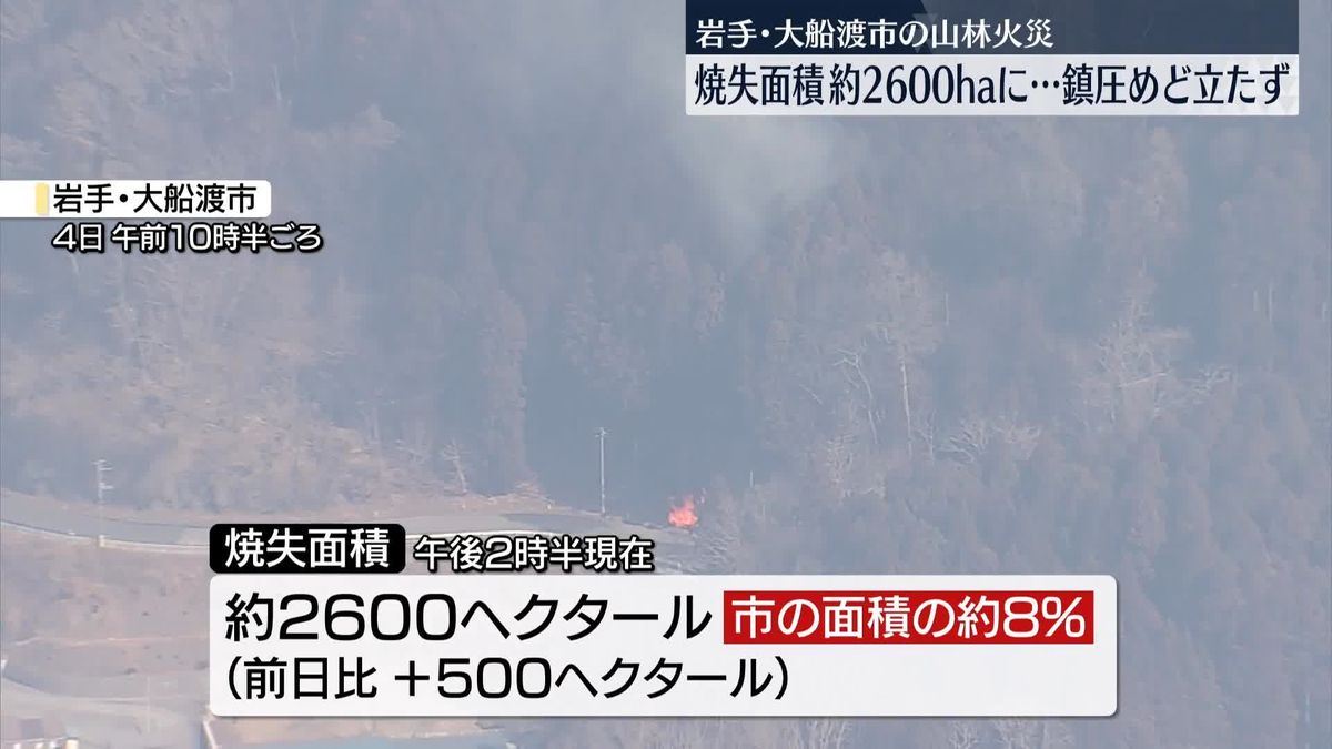 大船渡山林火災　鎮圧のめど立たず被害拡大…焼失面積は約2600ヘクタールに