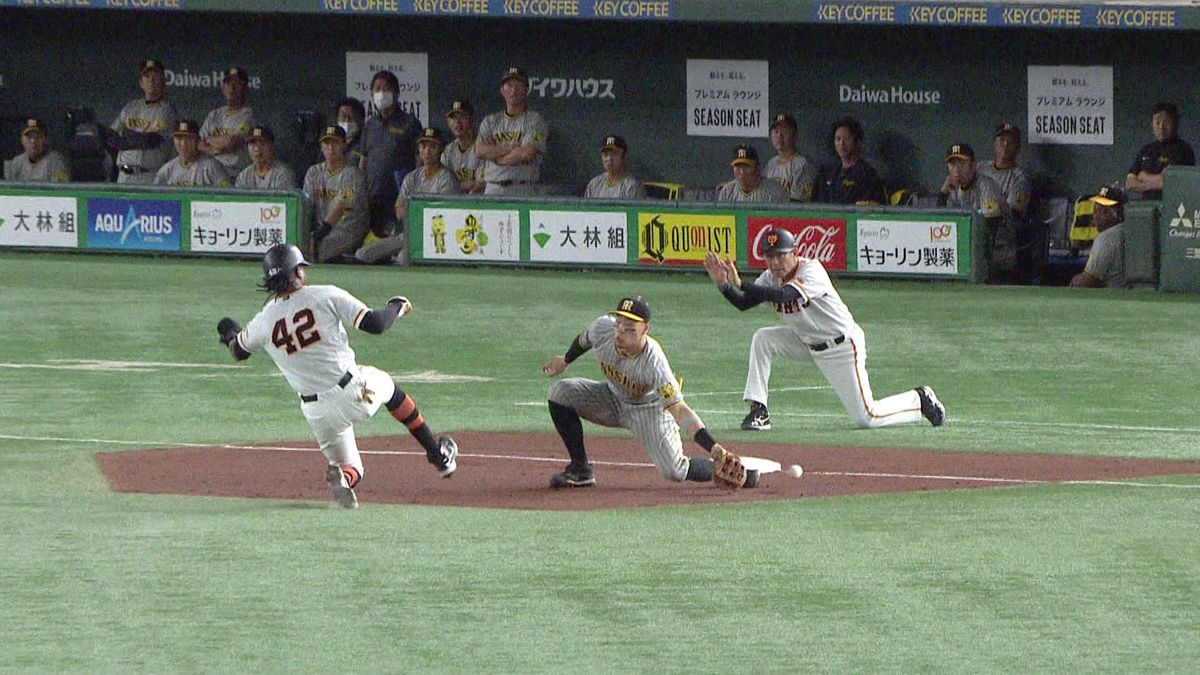 【巨人】阪神の守備の乱れから1得点　サード佐藤輝明が捕球ミス　ブリンソンが全力でホームへ走る