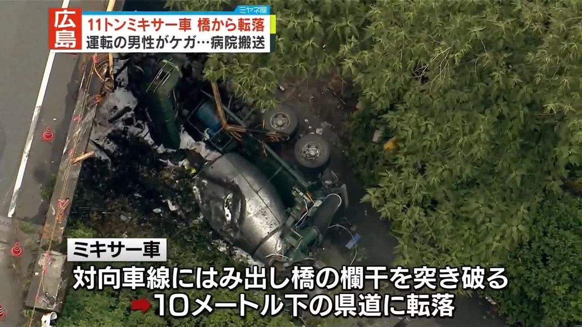 ミキサー車が橋から転落　運転手の男性ケガ　広島
