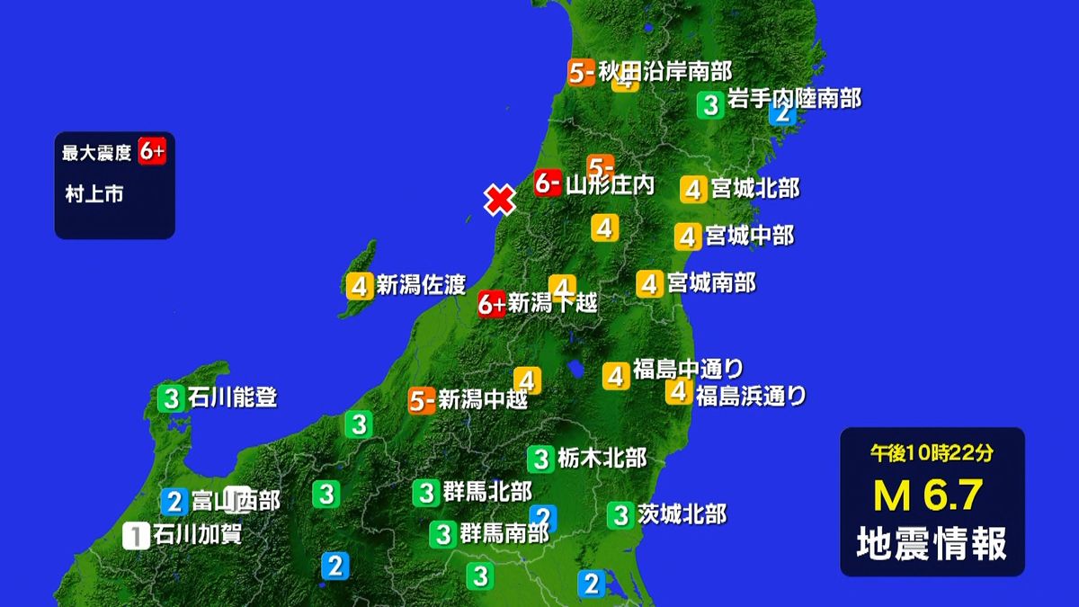 新潟県で震度６強　震源は山形県沖Ｍ６．７