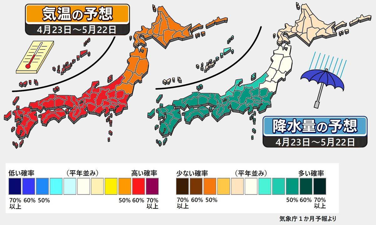 【1か月予報】大型連休にかけ高温の地域も...西日本～関東など雨量多め...