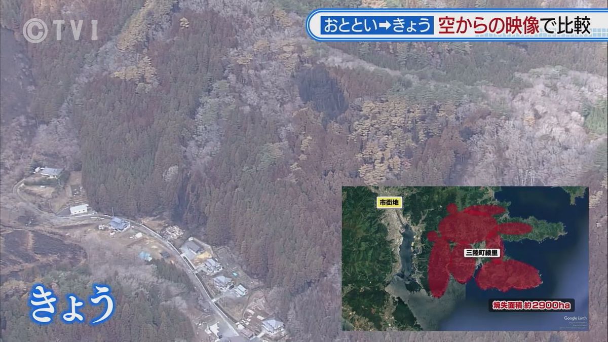 【前後の映像を比較】大船渡山林火災　上空から見た雨の後の変化