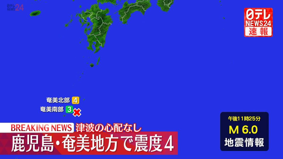 鹿児島・瀬戸内町で震度4　津波の心配なし