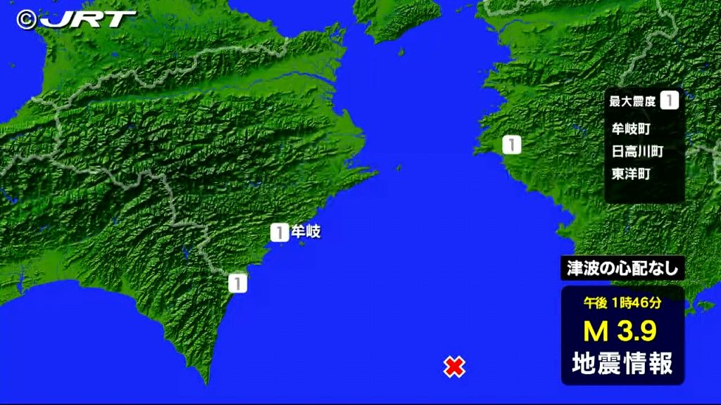 徳島県牟岐町で震度１　和歌山県南方沖が震源　津波の心配はなし【徳島】