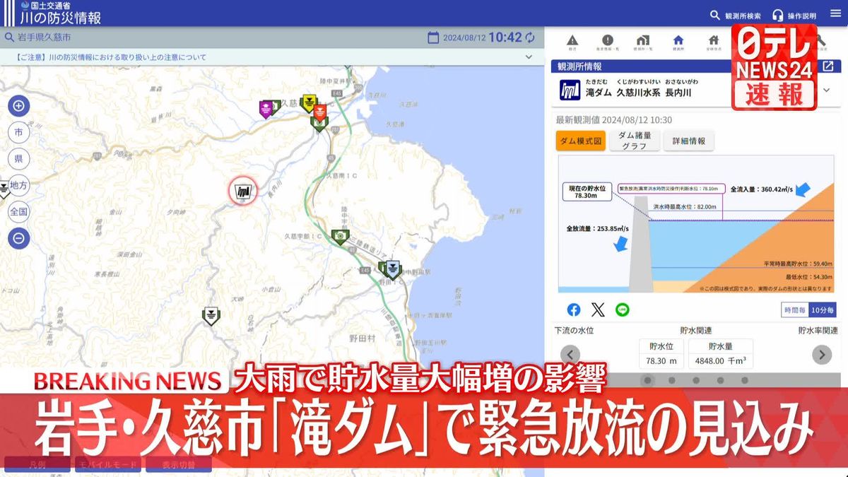 岩手･久慈市｢滝ダム｣で緊急放流の見込み　大雨で貯水量大幅増の影響 