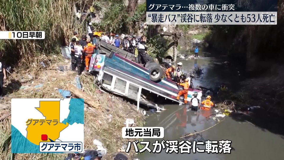 グアテマラでバスが車と衝突後、渓谷に転落　少なくとも53人死亡