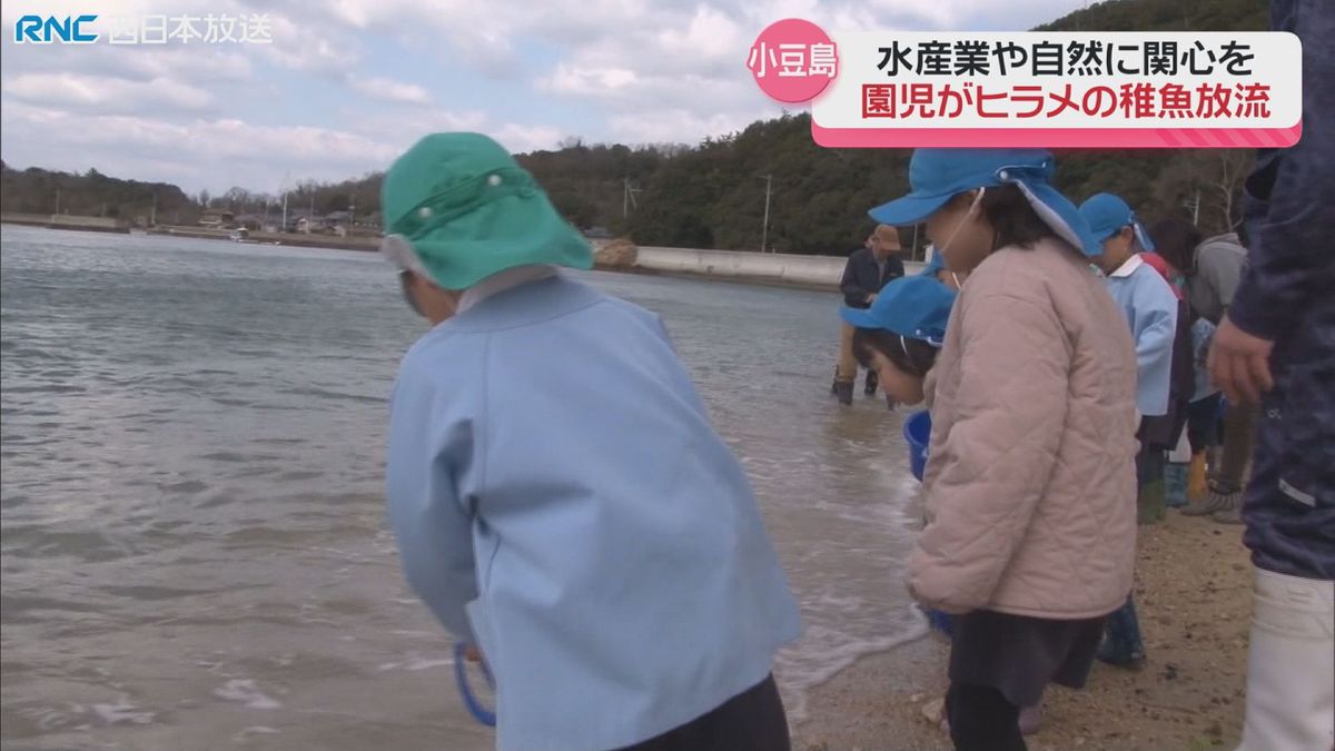 園児がヒラメの稚魚を放流　小豆島