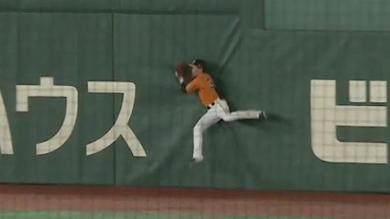 フェンスにぶつかりながらも好捕した岡田悠希選手(画像:日テレジータス)