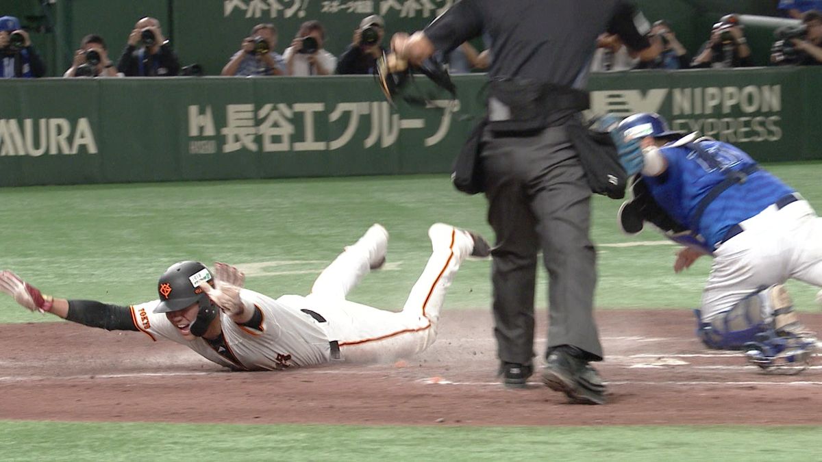 ヘッドスライディングで生還した巨人・坂本勇人選手(画像:日テレジータス)