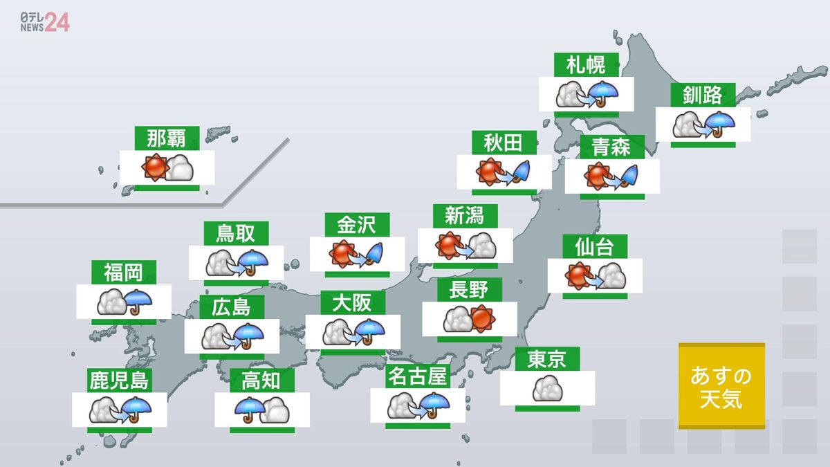 【天気】西日本や北日本から雨が降り出す　九州や四国は昼前から、中国や近畿で午後は雷伴い激しく降る所も