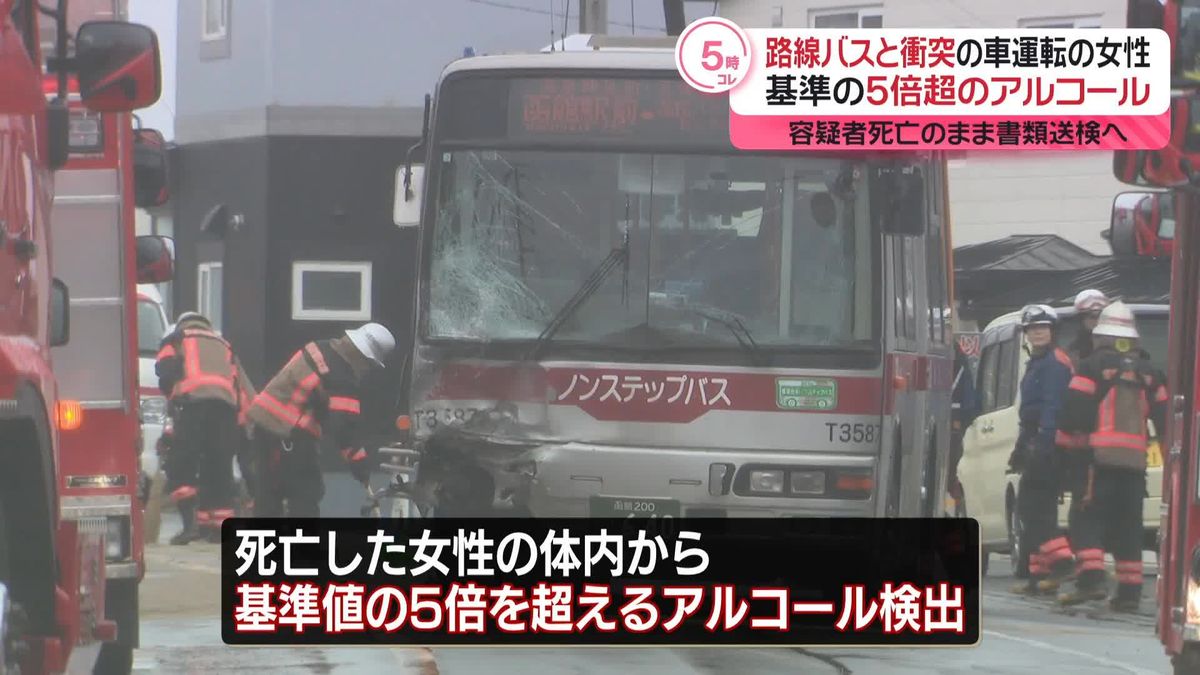 路線バスと衝突の車運転…女性体内から基準値5倍超アルコール　容疑者死亡のまま書類送検へ　北海道函館市