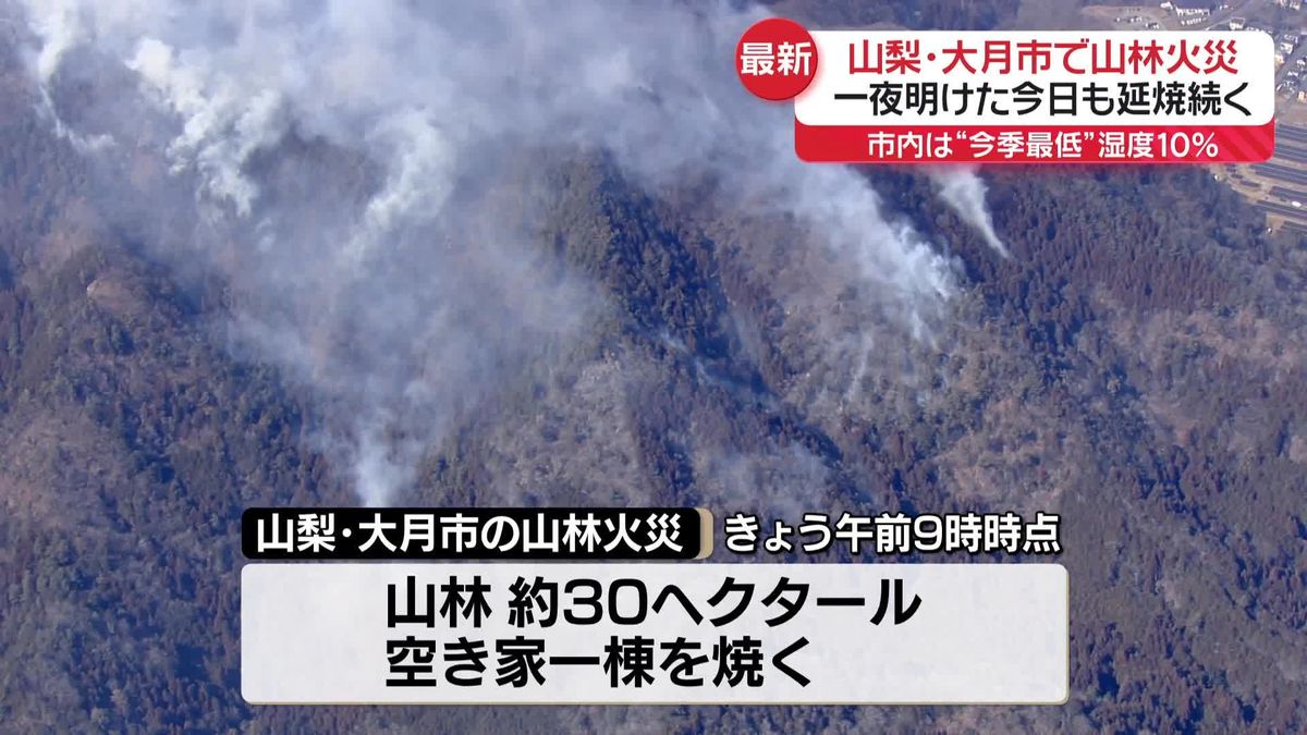 山梨・大月市は今季最低湿度10％…山林火災、きょうも消火活動続く