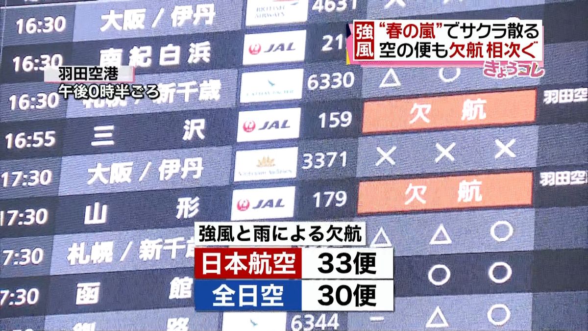 各地で春の嵐　道路冠水や空の便欠航相次ぐ